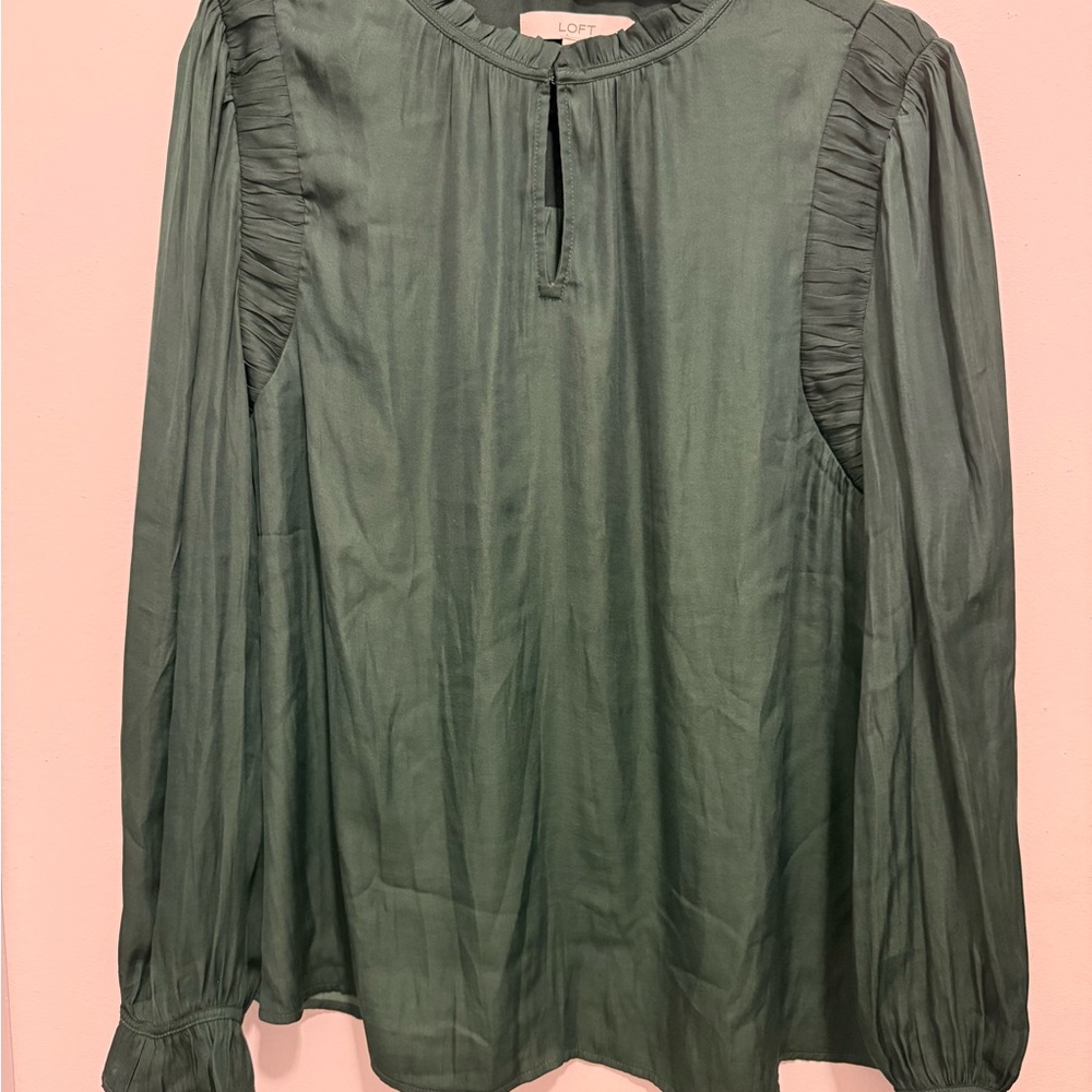 LOFT Forest Green Long-Sleeve Ruffle Shoulder Blouse